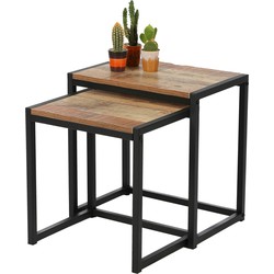 Urban Living Bijzettafels/plantenstandaard - 2-delig - zwart - metaal/hout - L44 x B30 x H45 en L38 x B30 x H40 cm - Bijzettafels