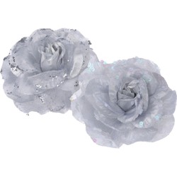 2x stuks decoratie bloemen rozen zilver op clip 9 cm - Kersthangers