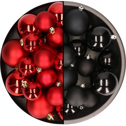 Kerstversiering kunststof kerstballen mix zwart/rood 6-8-10 cm pakket van 44x stuks - Kerstbal