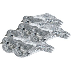6x stuks kunststof decoratie vogels op clip zilver met pailletten 15 cm - Kersthangers