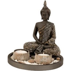 Boeddha beeldje - kaarshouders - schaal - goud/zwart - 18 x 21 cm - Beeldjes
