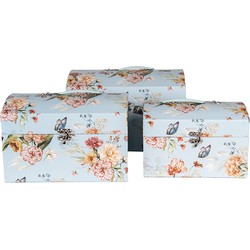 Clayre & Eef Decoratie Koffer Set van 3 30x20x20 /26x18x18/22x15x15 cm Blauw Karton Rechthoek Bloemen