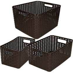 Set van 8x stuks opbergboxen/opbergmandjes rotan donkerbruin kunststof - Opbergbox