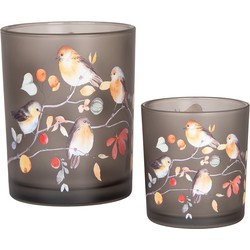 Clayre & Eef Theelichthouder Set van 2 Ø 7x8 / 10x13 cm Grijs Glas Vogels op Takken