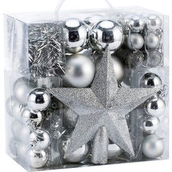 Kerstboomballen kunststof kleur Zilver set van 77 stuks