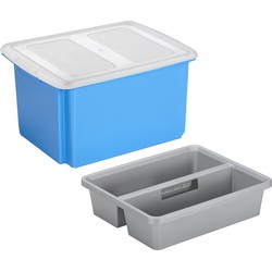 Sunware opslagbox kunststof 32 liter blauw 45 x 36 x 24 cm met deksel en organiser tray - Opbergbox