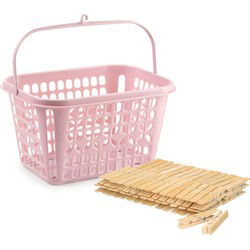 Wasknijpers ophangmandje met haak - roze - gevuld met 120x houten wasknijpers 7 cm - was ophangen - knijperszakken
