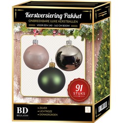 Zilvere/donkergroene/lichtroze kerstballen pakket 91-delig voor 150 cm boom - Kerstbal