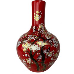 Fine Asianliving Chinese Vaas Rood Bloesems Handgemaakt D41xH57cm