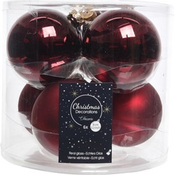 Kerstboomversiering donkerrode kerstballen van glas 8 cm 6 stuks - Kerstbal