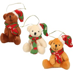 3x Kersthangers knuffelbeertjes wit en beige en bruin met gekleurde sjaal en muts 7 cm - Kersthangers
