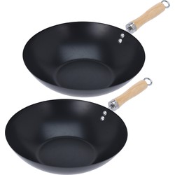 Excellent Houseware Wok/hapjes/bak pan - 2x stuks - met antiaanbaklaag - staal - D30 cm - Koekenpannen