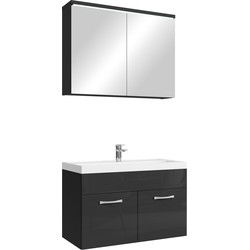 Badplaats Badkamermeubel Set Paso 02 80 x 40 cm - Zwart Hoogglans - Badmeubel met Wastafel en Spiegelkast