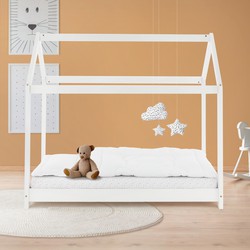 Kinderbed Huisbed 70x140 cm wit gemaakt van dennenhout Houten bed met dak en lattenbodem ML design