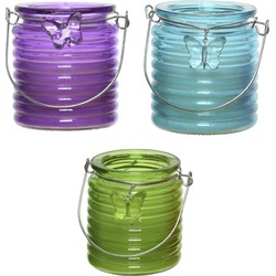 Citronella windlicht met kaars - 3x - paars/blauw en groen - 20 branduren - citrusgeur - geurkaarsen