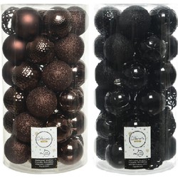 74x stuks kunststof kerstballen mix donkerbruin en zwart 6 cm - Kerstbal