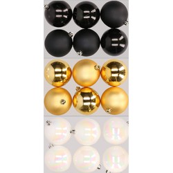 18x stuks kunststof kerstballen mix van zwart, parelmoer wit en goud 8 cm - Kerstbal