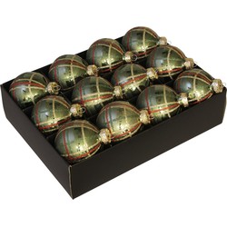 24x stuks luxe glazen gedecoreerde kerstballen groen schotse ruit 7,5 cm - Kerstbal