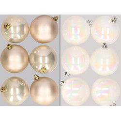 12x stuks kunststof kerstballen mix van champagne en parelmoer wit 8 cm - Kerstbal