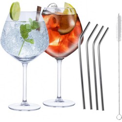 Set van 4x Gin Tonic cocktailglazen met 4x rietjes RVS - Cocktailglazen