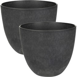 2x stuks plantenpot/bloempot in een natuursteen look Dia 23 cm en Hoogte 20 cm zwart - Plantenpotten