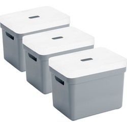 Set van 3x opbergboxen/opbergmanden blauwgrijs van 18 liter kunststof met transparante deksel - Opbergbox