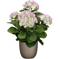 Hortensia kunstplant/kunstbloemen 45 cm - paars/groen - in pot taupe mat - Kunstplanten
