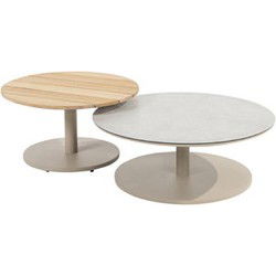 Sara set van 2 salontafels centrale poot latte, 65 en 80 cm dia. printed keramiek / teak top Taste