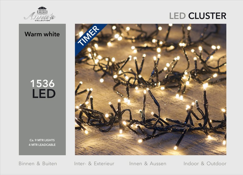 Cluster lights 1536l/9m led warm wit - 4m aanloopsnoer zwart - bi-bui trafo Anna's collection - Anna's Collection - 