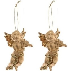 2x Kerst hangdecoratie gouden engeltjes met viool muziekinstrument 10 cm - Kersthangers