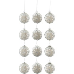 J-line - Doos Van 12 Kerstballen 4+4+4 Ornament Parels Glas Mat Wit/mat Zilver/blinkend Zilver Small - 8x8x10cm