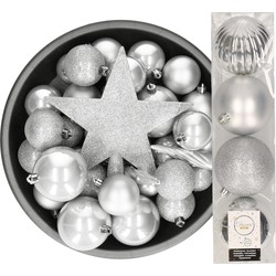 Decoris kerstballen 37x stuks zilver 5-6-8-10 cm met ster piek kunststof - Kerstbal