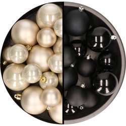 Kerstversiering kunststof kerstballen mix zwart/champagne 6-8-10 cm pakket van 44x stuks - Kerstbal