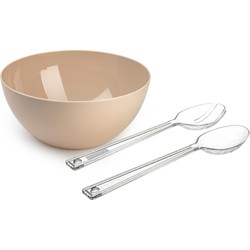 Salade serveer schaal - beige - kunststof - Dia 28 cm - met sla couvert/bestek - Serveerschalen