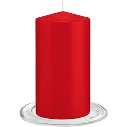 Trend Candles - Stompkaarsen met glazen onderzetters set van 2x stuks - helder rood 8 x 15 cm - Stompkaarsen