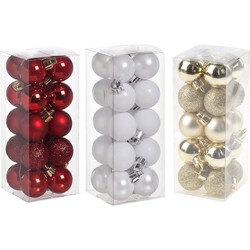 Kleine kunststof kerstversiering 60x stuks set en 3 cm kerstballen in het rood-goud-wit - Kerstbal