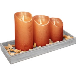 Houten dienblad met 3 LED kaarsen in de kleur koper 14 x 40 cm - LED kaarsen