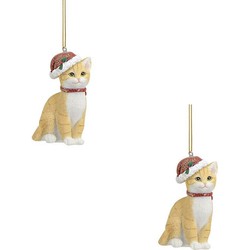2x Kersthangers beige katten met kerstmuts 9 cm kerstversiering - Kersthangers