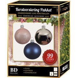 Zilver/lichtroze/donkerblauw Kerstversiering voor 150 cm boom 99-delig - Kerstbal