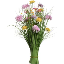 Kunstgras boeket bloemen - anjers - lila paars - geel - H70 cm - lente boeket - Kunstbloemen