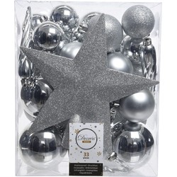 33x Kunststof kerstballen mix zilver 5-6-8 cm kerstboom versiering/decoratie - Kerstbal