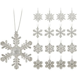 16x Zilveren sneeuwvlok/ijsster kerstornamenten kerst hangers 10 cm met glitters - Kersthangers