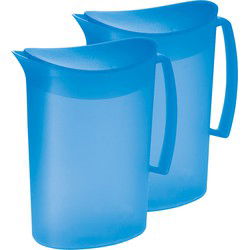 Juypal Schenkkan/waterkan - 2x - blauw - 2 liter - kunststof - L20 x H23 cm - met deksel - Schenkkannen