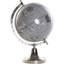 Decoratie wereldbol/globe grijs/zilver op aluminium voet 32 x 23 cm - Wereldbollen