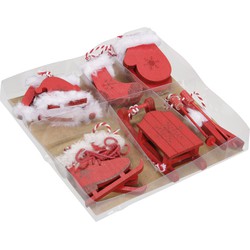 6x stuks houten kersthangers rood wintersport thema kerstboomversiering - Kersthangers