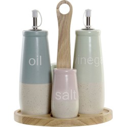 Items Azijn/Olie flessen tafelset - met peper/zout vaatjes - keramiek/bamboe - kleurenmix - Olie- en azijnstellen