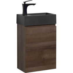 Badplaats Toiletmeubel Angela 40 x 22 cm - Bruin Eiken - Fonteinmeubel met Zwarte Wastafel