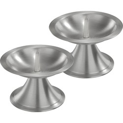 2x Ronde metalen stompkaarsenhouder zilver voor kaarsen 7-8 cm doorsnede - kaars kandelaars