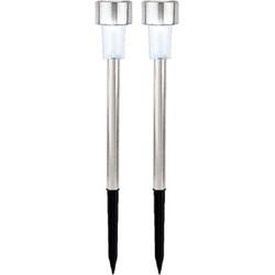 2x Buiten/tuin Led zilveren stekers solar verlichting 24 cm Rvs koud wit - Prikspotjes