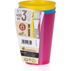 Juypal drinkbekers - 3x - multi - kunststof - 450 ml - herbruikbaar - Drinkglazen